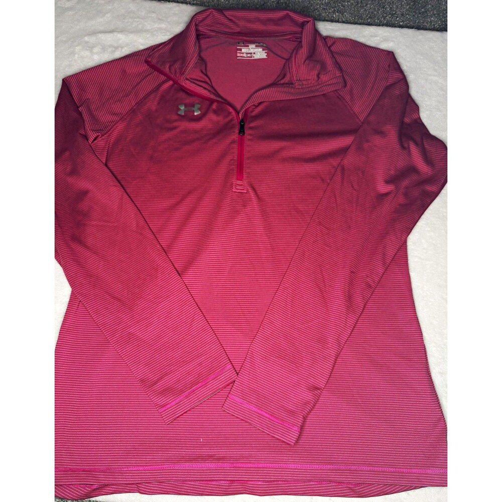 Under Armour HeatGear Women’s Pink Gray Striped 1/4 Zip Mock Neck Loose S A035